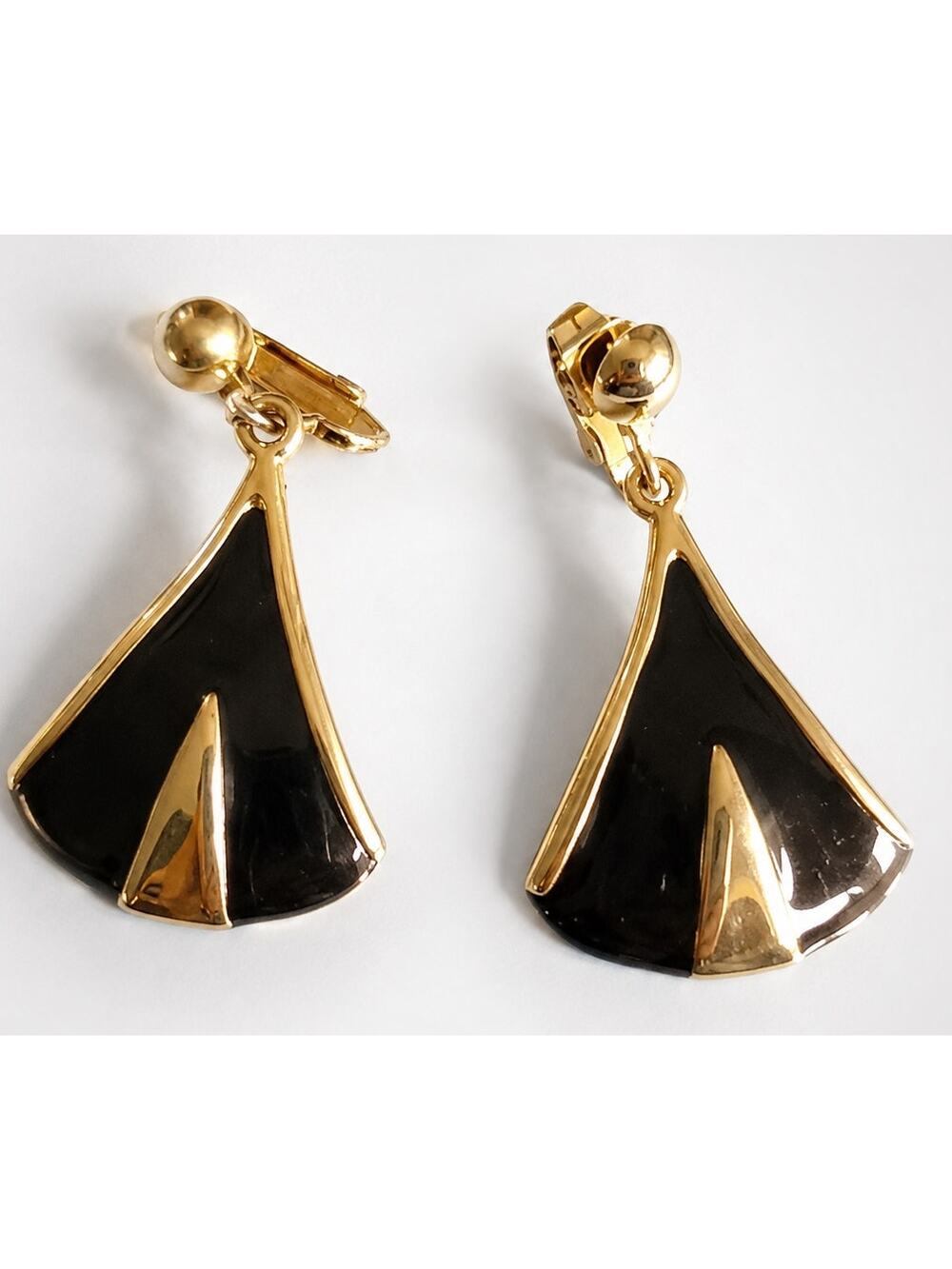 Vintage Dangle Clip on Earrings Gold & Black Enameled 1.5" Long bc-41